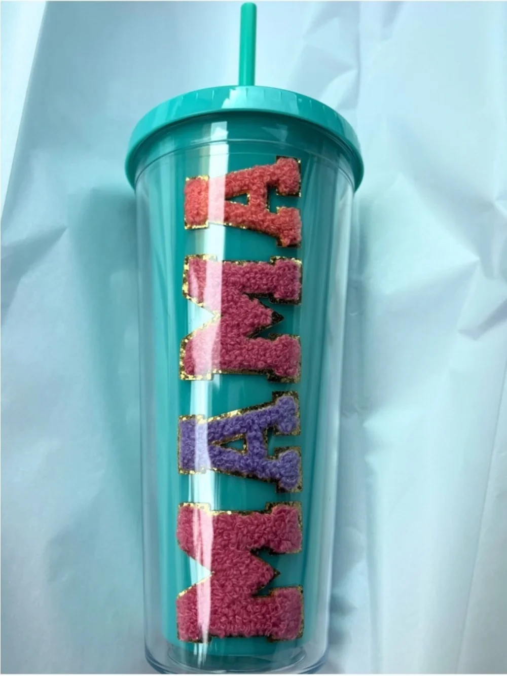 Viral 'MAMA' Retro Varsity Chenille patch Insulated Tumbler with Straw